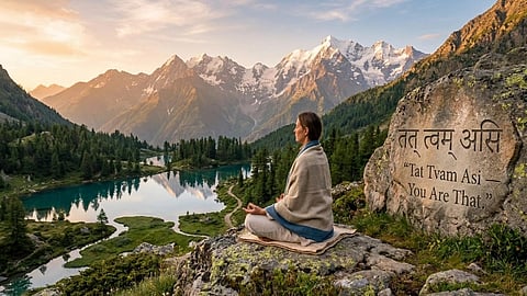 In the image a person is shown meditating in a mountain with a good view behind that person a rock is shown with something in sanskrit written on it