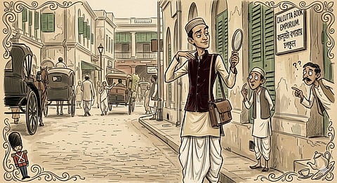 A man in traditional attire holds a magnifying glass, walking down a bustling 19th-century street with horse-drawn carriages. Onlookers express curiosity.