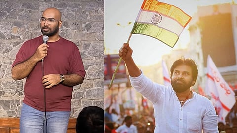 Left: Stand Up Comedian Anudeep Katikala; Right: Andhra Pradesh Deputy CM Pawan Kalyan holding the Indian flag
