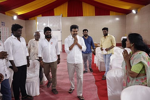 Vijay meets people at his constituency Perambur, from where he is contesting the election, on April 17, 2026. Additionally, he is also fighting from Trichy East.