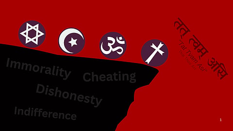 Red background with four religious symbols—Star of David, Crescent Moon, Om, and Cross—above a cliff labeled with words like "Immorality" and "Cheating."