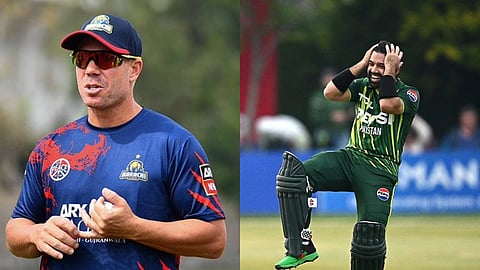 collage of two image with on the right side muhammad rizwan is shown and on the right side David warner is shown both on the battle field