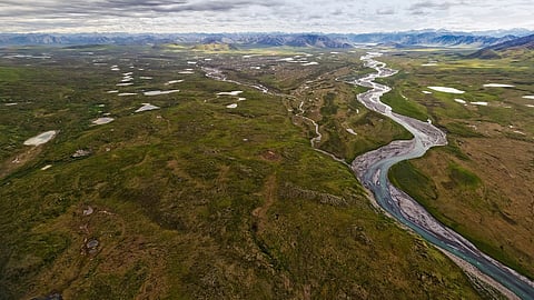 Aerial view of wetlands in the coastal plain between the Dalton Highway and Arctic National Wildlife Refuge