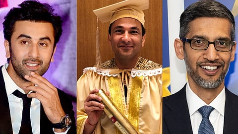 Image of Ranbir Kapoor (extreme left), Vikas Khanna (centre), Sundar Pichai (extreme right) are pictured in a collage. The first wears a suit, smiling thoughtfully. The second is in a graduation cap and gown, holding a diploma. The third smiles confidently in a suit and tie.