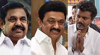 Image of Edappadi K. Palaniswami (extreme left), MK Stalin (centre) and Vijay (extreme right)-2026 tamil nadu legislative assembly election