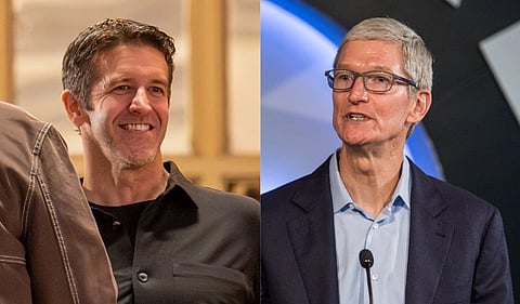 Image of John Ternus (left)  photographed by Tessa Bury, during Apple’s 50th-anniversary kickoff event at Apple’s Grand Central Terminal store in New York City. The right image is of Apple CEO Tim Cook  launching a new app development program at ACC.
