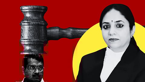 In the image Justice Swarna Kanta Sarma is shown and behind her a image of Arvind Kejriwal with court hammer in his head is shown 