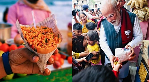 A hand holds Indian street food in a newspaper cone with a backdrop of a vendor. Nearby, a man (Pm Modi ) distributes snacks to smiling children in a lively market.