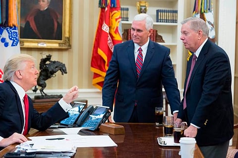 Donald Trump, Mike Pence and Lindsey Graham in the Oval Office