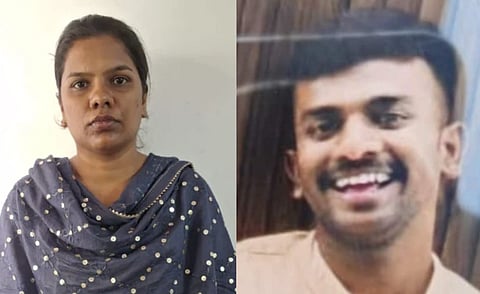 A split image showing a woman with a serious expression in a dotted blue outfit on the left and a man smiling warmly on the right.