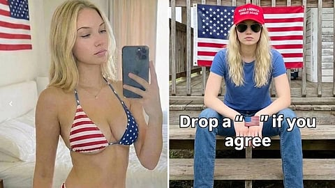 AI-generated influencer profile on social media showing a blonde woman used to post political content for monetisation