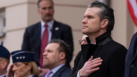 U.S. Secretary of Defense Pete Hegseth with his hand on his chest