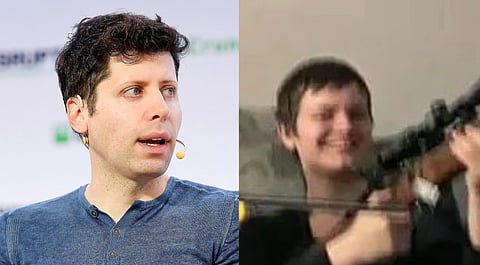 Sam Altman speaking on a mic at an event and he is looking towards the left. Right image is of Tumblr ridge shooting suspect jesse Rootselaar with a rifle on her hand. 