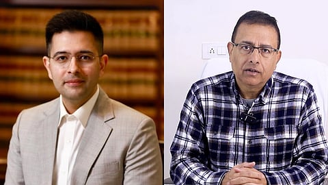 In the image on the left side Raghav Chadha is shown smiling on the right Munish Kumar Raizada is shown