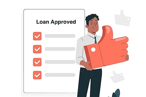 Illustration of a smiling man holding a large thumbs-up sign. Behind him, a checklist marked "Loan Approved" with all items checked, conveying success.