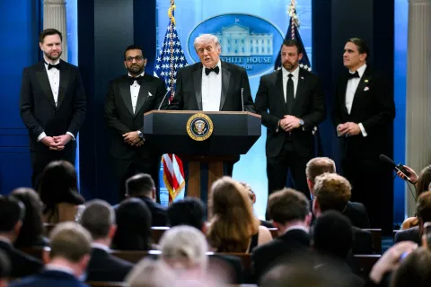 US President Donald Trump briefs reporters at White House on April 28, 2026