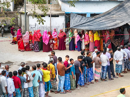 South 24 Parganas: Voters stand in a queue to cast their vote during the second phase of the West Bengal assembly elections at a polling booth in Bhangar Assembly constituency, South 24 Parganas on Wednesday, April 29, 2026