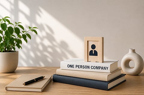 Graphic showing books piled on a desk, with a photo frame on top. One book reads 'One Person Company'