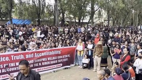 Women protesters rally in Manipur holding banners demanding probe into Ukhrul killings and investigation into leaked tapes