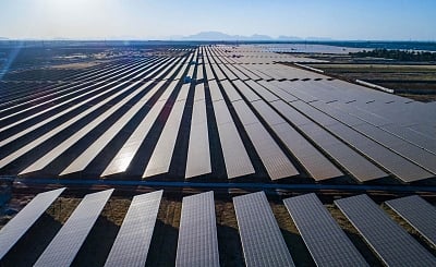 In the image many solar plants are shown in a open space