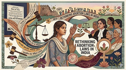 Illustration depicting the rethinking of abortion laws in India. A woman stands amidst judges and activists, surrounded by legal symbols and a fetus within the female symbol, conveying a tone of advocacy and reform.