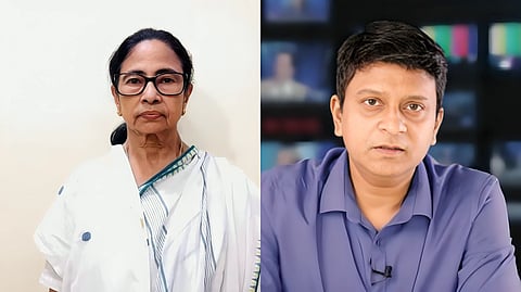 A split image of a woman in a white sari with a serious expression and a man in a blue shirt, appearing contemplative, in front of a blurred, colorful background.