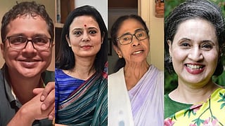 collage of four leaders of TMC, Sagarika Ghose, Mamata Banerjee, Mahua Moitra and Saket Gokhale