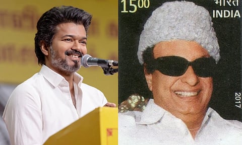 Left image is of TVK Vijay and right image is a stamp image of MG ramachandran. 