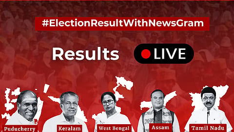 #ElectionResultWithNewsGram" at the top, "Results LIVE" in white text and a red dot. Below are portraits of five individuals, each labeled with different states: Puducherry, Kerala, West Bengal, Assam, and Tamil Nadu, against state map silhouettes.