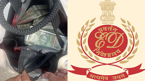 A bag is filled with bundles of Indian currency notes on the left. On the right is an emblem with “ED” and text in Hindi, signifying enforcement.
