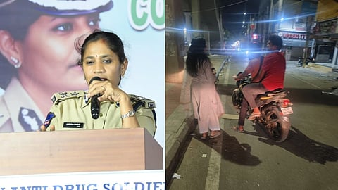 In the image on the left side IPS Sumati is shown adressing the people and on the right she is standing in a road on night where two men are approaching her