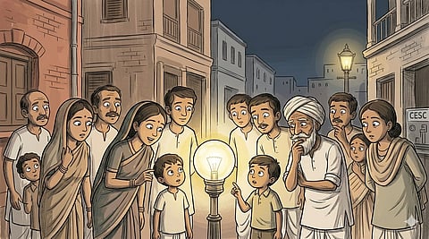 Vintage depiction of early electric street lights in colonial India as crowds gather in curiosity and fear around glowing bulbs in Kolkata