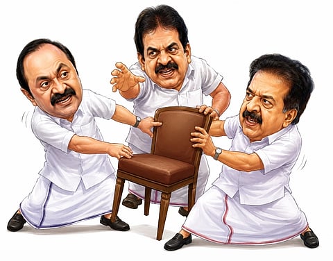 Caricature of three men in traditional attire, energetically tugging a chair. The scene conveys intense rivalry and competition, with exaggerated expressions.