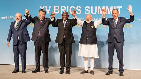 (From left) President Lula da Silva of Brazil, President of China Xi Jinping, President of South Africa Cyril Ramaphosa, Prime Minister of India Narendra Modi and Foreign Minister Sergei Lavrov, in a family photo, Luiz Inacio Lula da Silva in 2023 