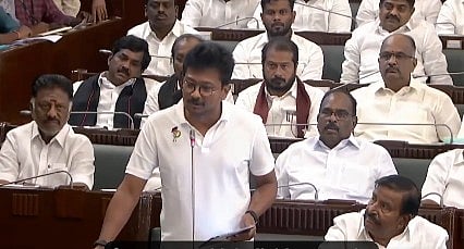 In the image Tamil Nadu Assembly is shown where Udhayanidhi Stalin is shown adressing