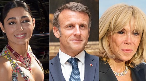 Images of Iranian Actress Golshifteh Farahani(far left), emmanuel macron (centre) and Brigitte Macron(far right)