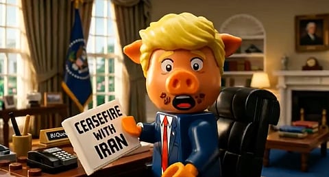 A LEGO-style pig figure with yellow hair and a suit sits at a desk, holding a "Ceasefire with Iran" paper. The room resembles the Oval Office.