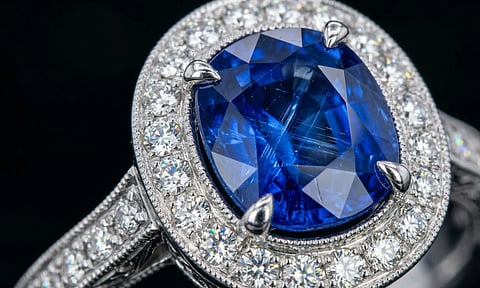 A vibrant blue sapphire is centrally set in an elegant silver ring, surrounded by a halo of small sparkling diamonds, conveying luxury and elegance.