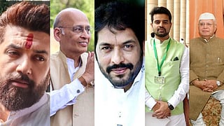 In the image collage of five politicians  Prajwal Revanna, Abhishek Manu Singhvi, Gopal Kanda, Chirag Paswan, and N.D. Tiwari is shown