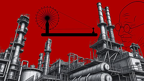 Industrial landscape in black and white, set against a bold red background. Features smokestacks, a silhouetted spinning wheel, and a subtle sketch of Mahatma Gandhi, combining industrial and historical themes.