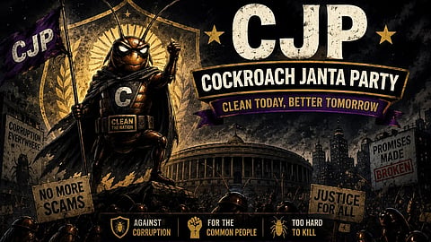 Illustration of a cockroach in a superhero pose with CJP banner reading "Cockroach Janta Party." Slogans like “No More Scams” depict anti-corruption themes.