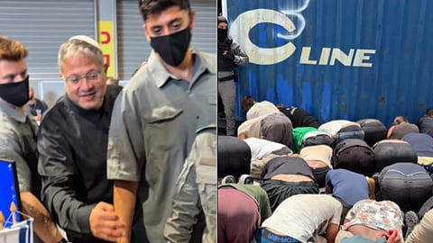 In the image on the left side Itamar Ben Gvir with officers are shown and on the right side activists kneeling with their head down are shown