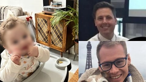 In the image collage of three images is shown on side is a baby on the other side is his adoped parents Jamie Varley and John McGowan-Fazakerley who allegedly assaulted and killed the baby