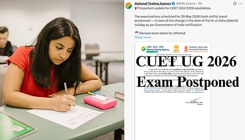 On the left hand there is a girl who is writing an exam whereas on the right hand there is the official notification published by the NTA on the postponement of the (CUET UG) 2026. 