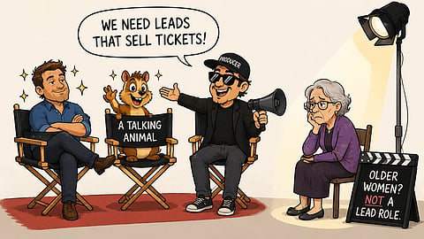Older woman looking at a movie set spotlight symbolizing ageism and underrepresentation in the film industry