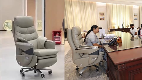 In the image on the left side a luxury chair image is shown and on the right side Delhi CM Rekha Gupta is shown in a luxury chair