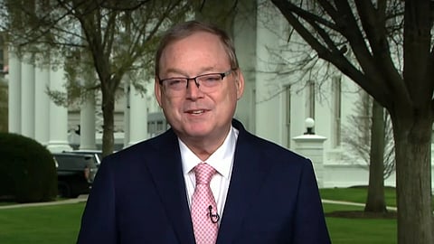 Kevin Hassett speaking during a television interview about the US economy and consumer spending under President Donald Trump