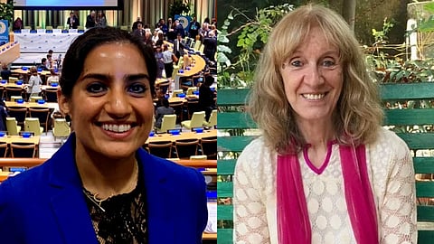 In the image on the left side Gunisha Kaur is shown in a commission and on the right Maria Wirth is shown sitting in a park