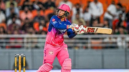 In the image Sooryavanshi is shown in the cricket stadium bating 