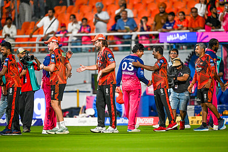 In this image, team players of Rajasthan Royals and Sunrisers Hyderabad roaming on the ground after the match.
